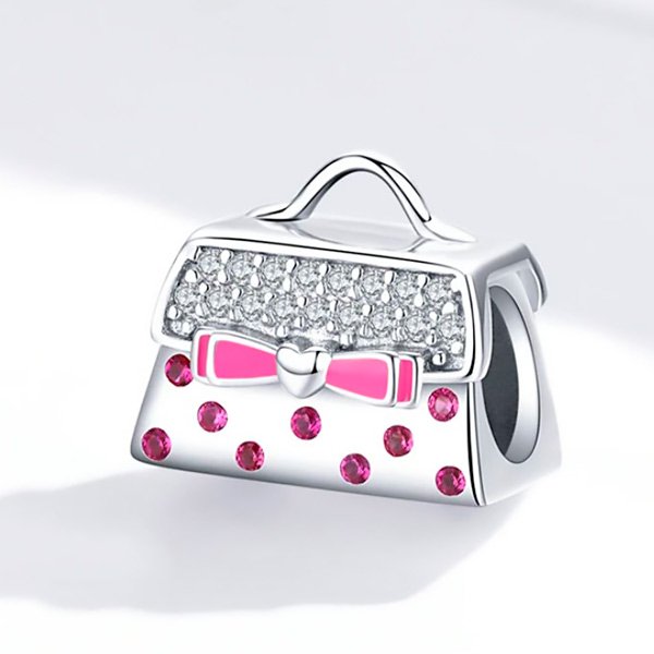 Sterling Silver Pandora Purse Bead Charm with Pink CZ Accent